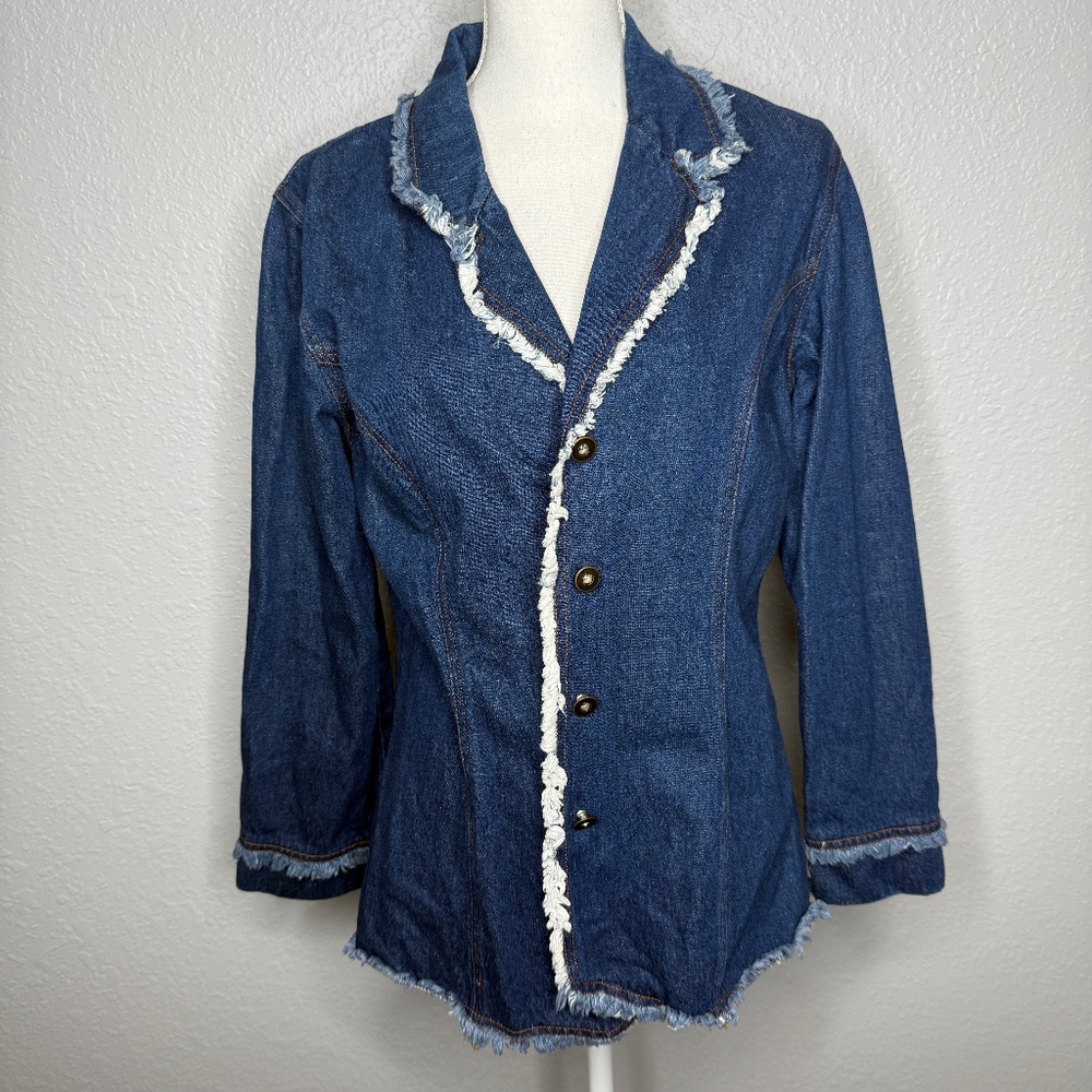 Mark‎ Alan Blue Demin jacket Blazer with fringe lining outside -cp